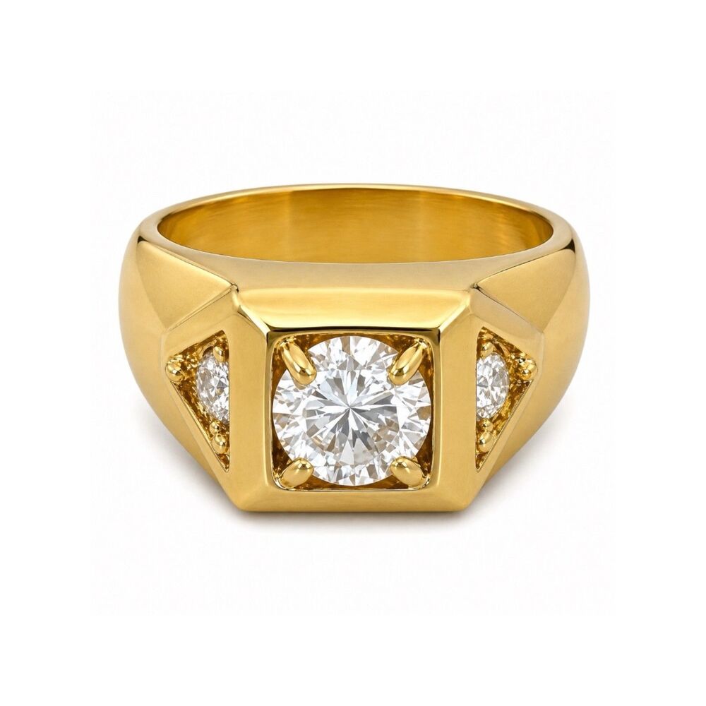 Vintage 1970s Ring Size 9 CZ Square Prong Set Gold Plated Band - 14O